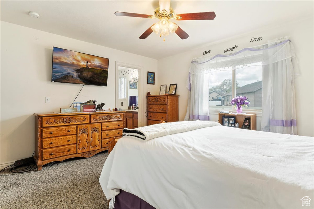 Bedroom featuring carpet floors, ceiling fan, and multiple windows