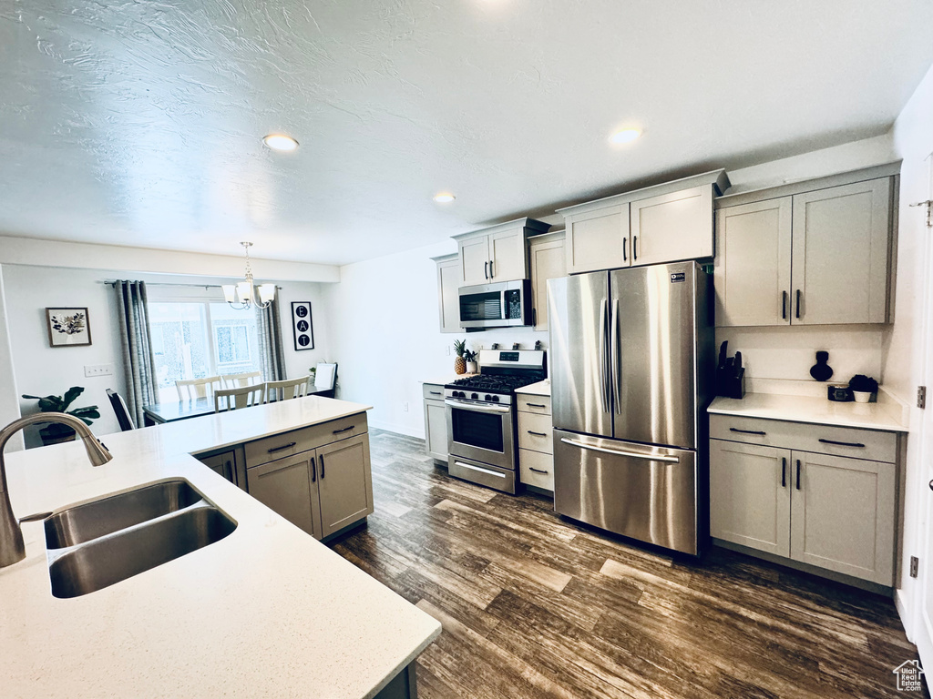 Kitchen featuring dark wood-type flooring, stainless steel appliances, sink, and decorative light fixtures