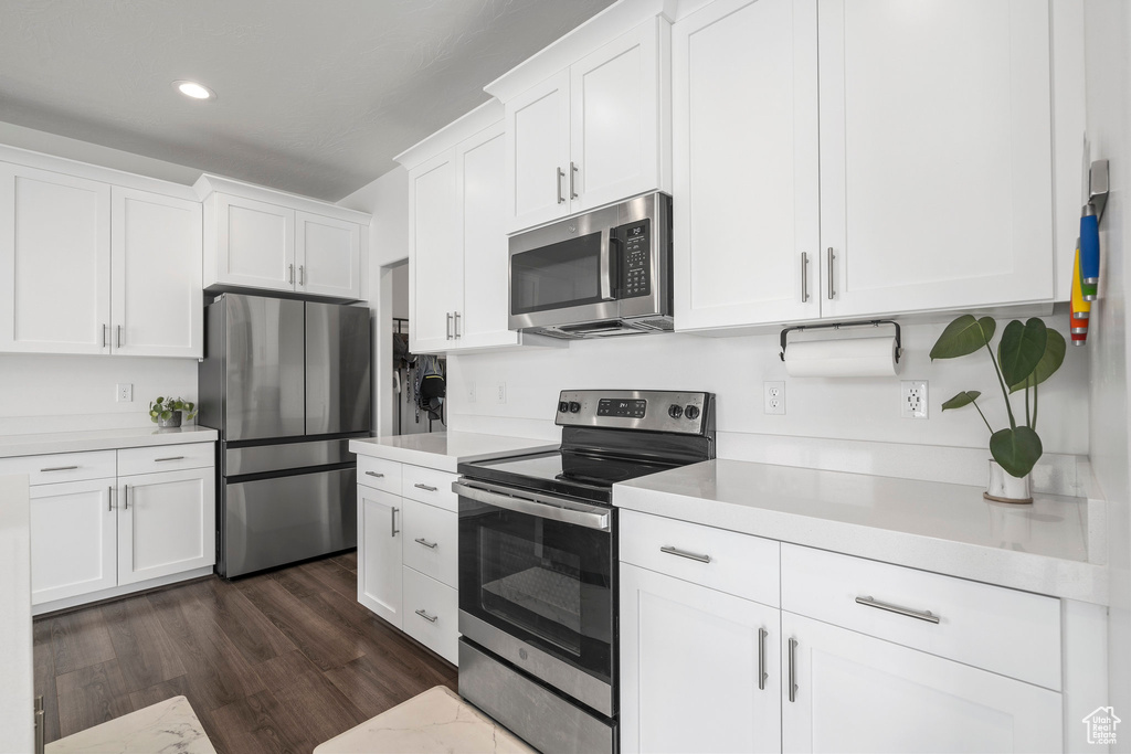 Kitchen featuring appliances with stainless steel finishes, dark wood-type flooring, and white cabinets