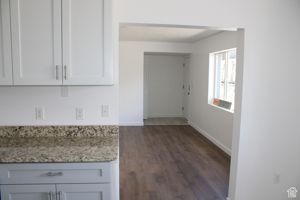 Kitchen with dark hardwood / wood-style floors and light stone countertops
