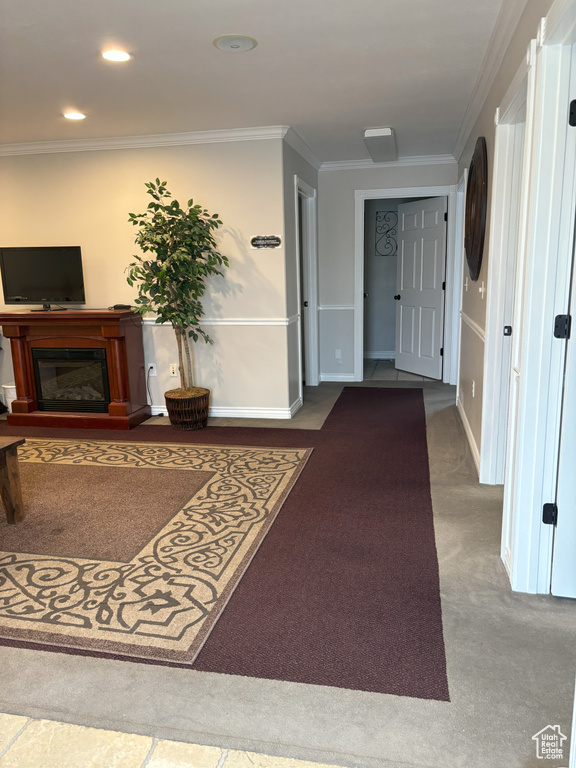Hall with ornamental molding and carpet flooring