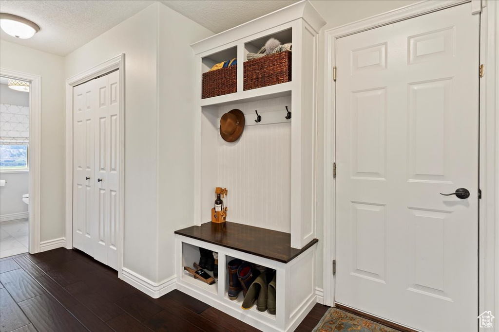 Mudroom featuring dark hardwood / wood-style flooring and a textured ceiling