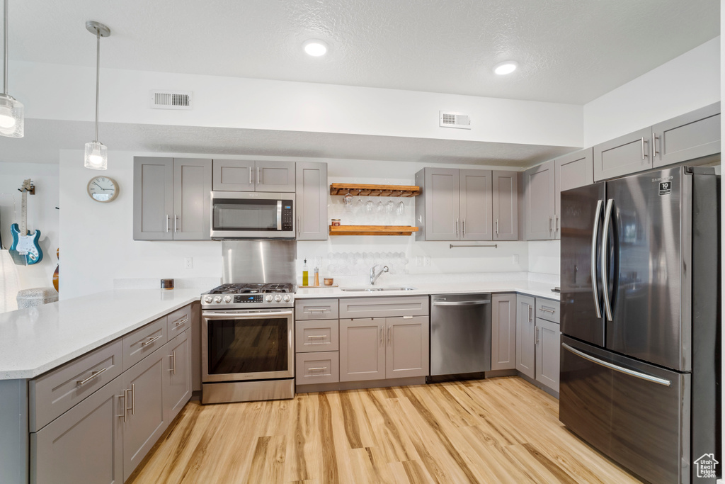 Kitchen with sink, light hardwood / wood-style flooring, kitchen peninsula, and stainless steel appliances