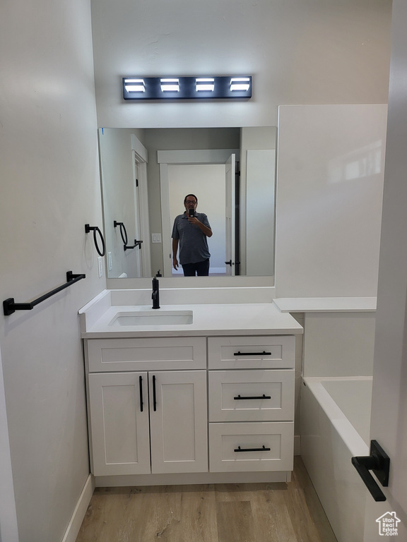 Bathroom with a tub to relax in, vanity, and hardwood / wood-style floors