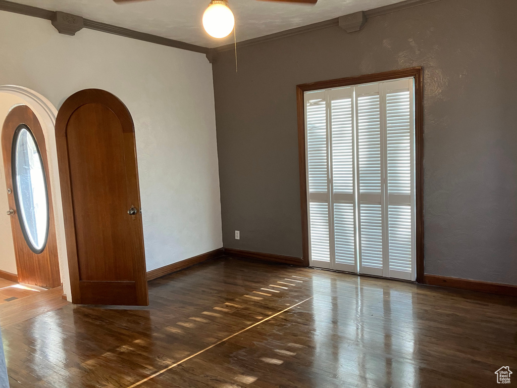 Entrance foyer with wood-type flooring, ceiling fan, crown molding, and a wealth of natural light