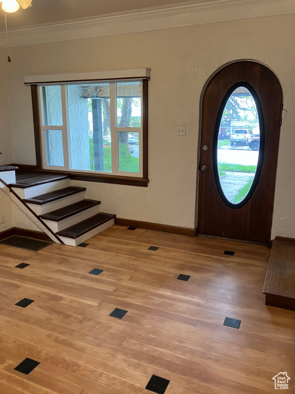 Foyer entrance with hardwood / wood-style flooring and ornamental molding