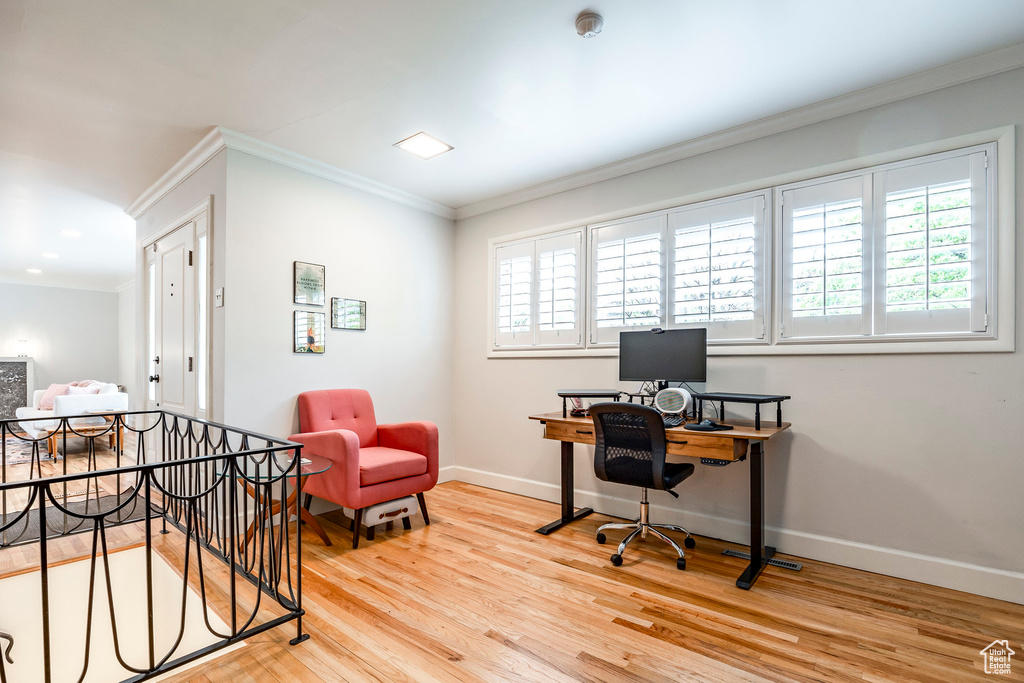 Office featuring a healthy amount of sunlight, light hardwood / wood-style floors, and ornamental molding