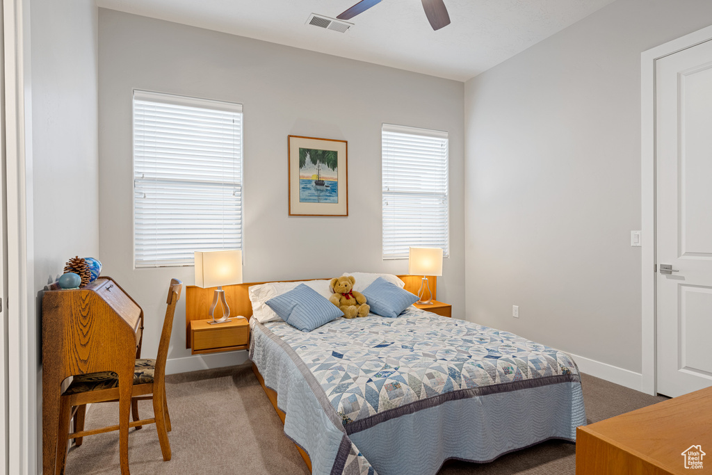 Carpeted bedroom with ceiling fan and multiple windows