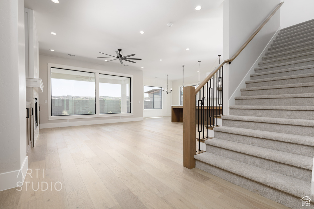 Interior space featuring a healthy amount of sunlight, light hardwood / wood-style flooring, and ceiling fan