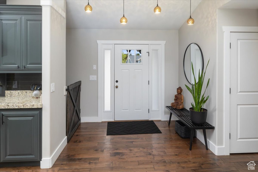 Entryway with dark wood-type flooring