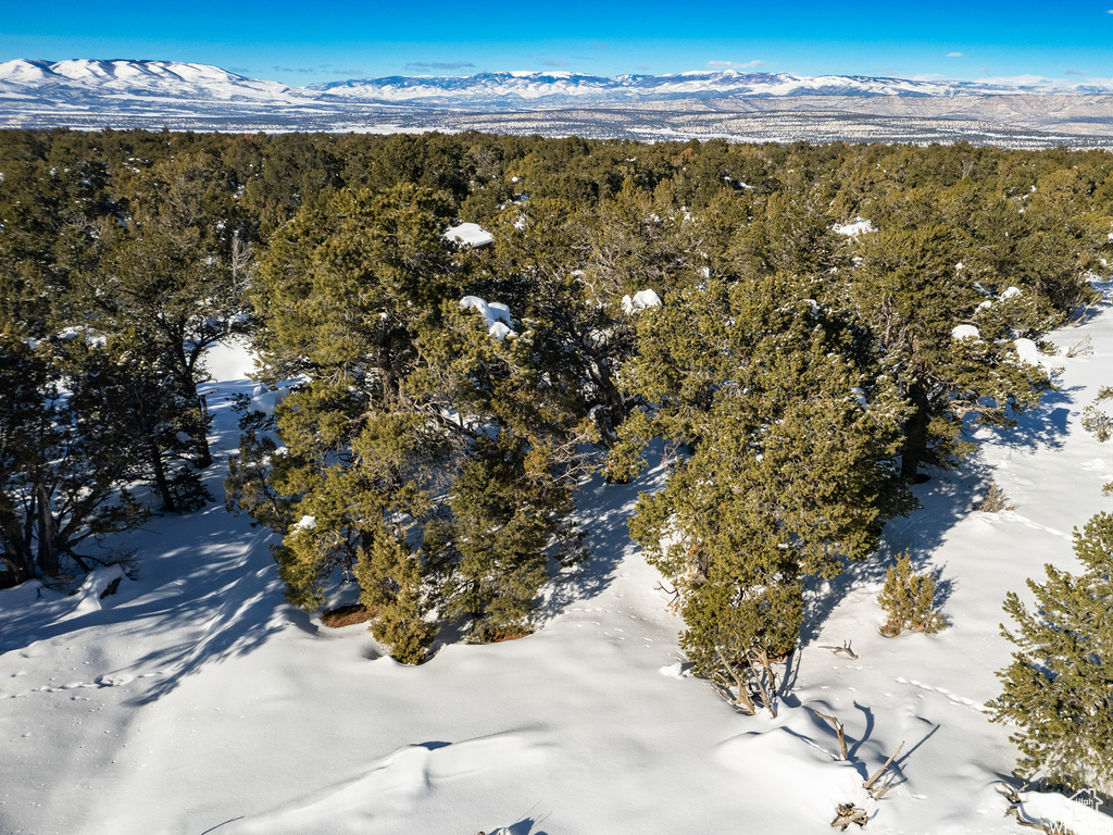 Snowy aerial view with a mountain view