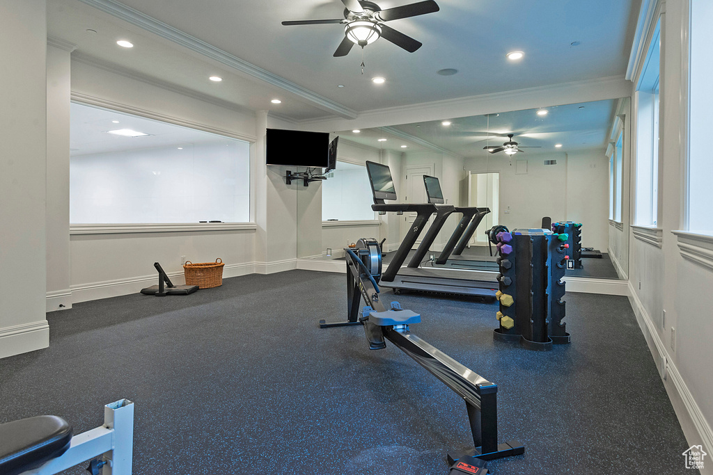 Exercise area featuring ceiling fan and crown molding