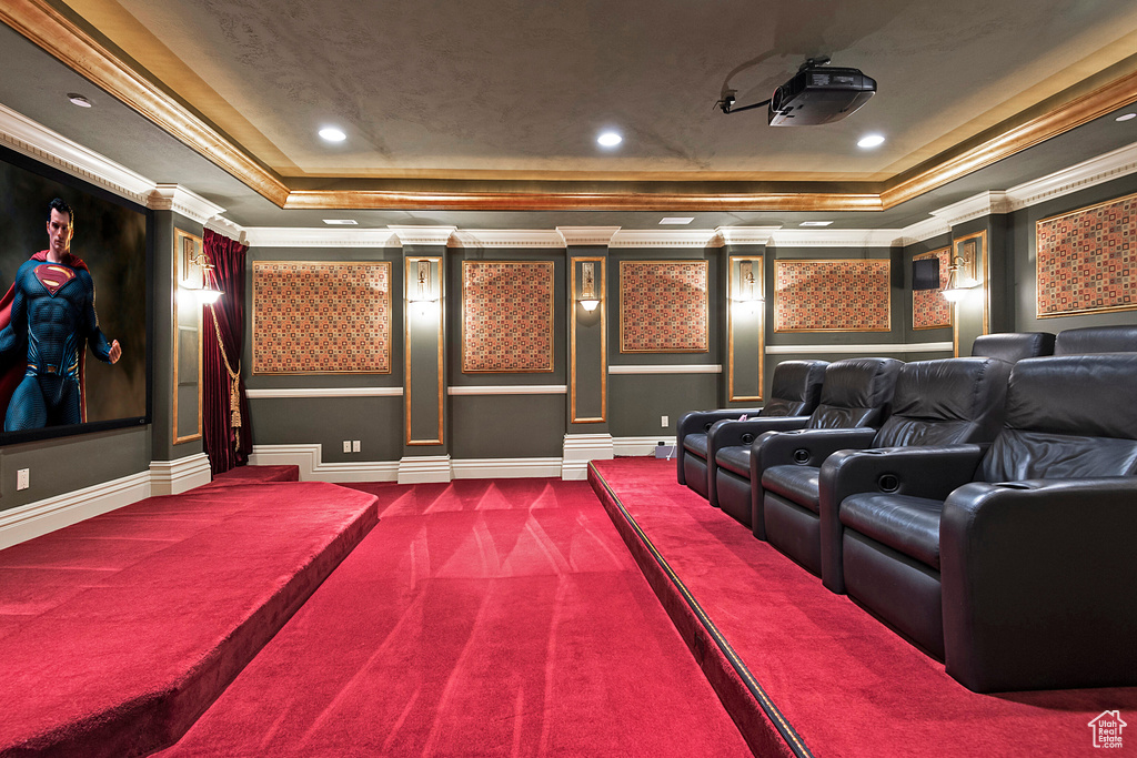 Home theater featuring carpet, a tray ceiling, and ornamental molding