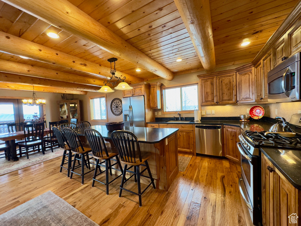 Kitchen with a kitchen island, light hardwood / wood-style flooring, stainless steel appliances, and beam ceiling