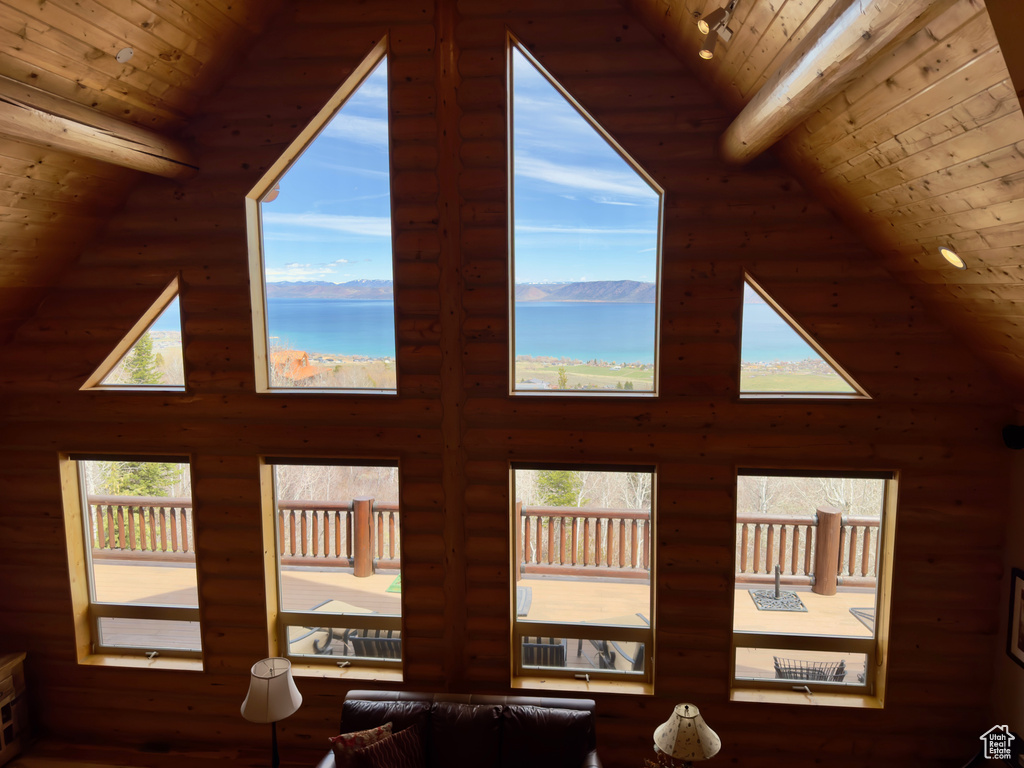 Details with wood ceiling, beamed ceiling, and a water view