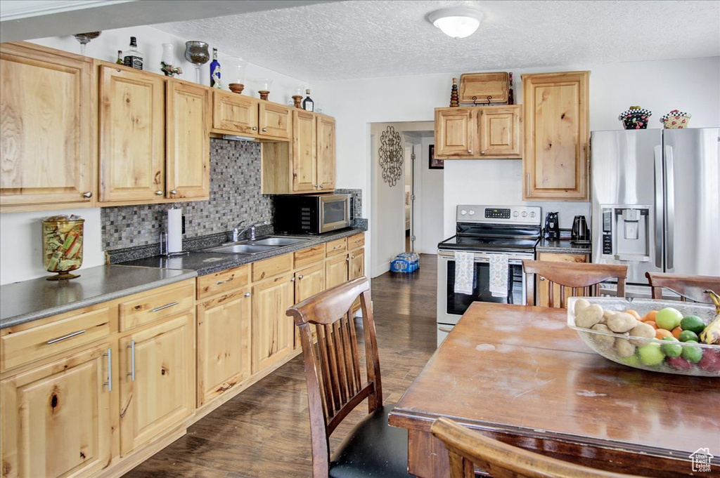 Kitchen featuring a textured ceiling, sink, tasteful backsplash, stainless steel appliances, and dark hardwood / wood-style floors