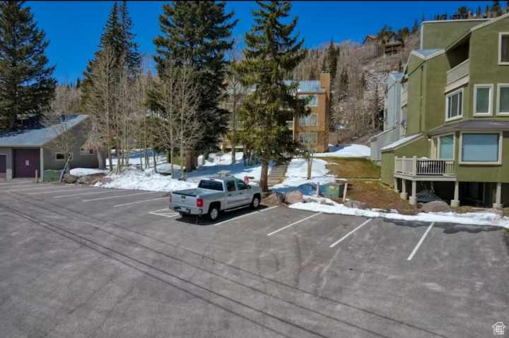 View of snow covered parking area