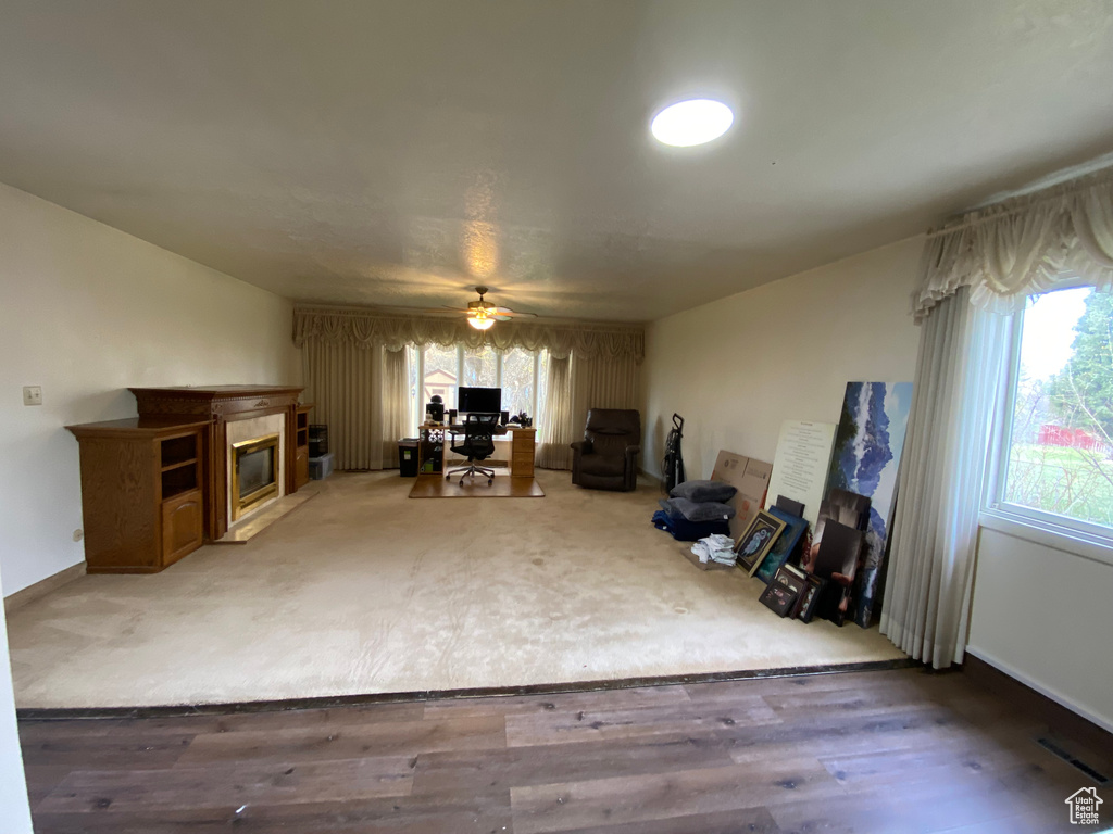 Interior space featuring ceiling fan and carpet