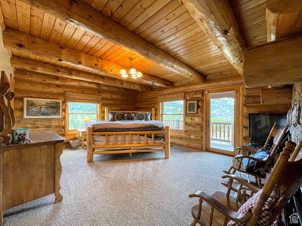 Bedroom featuring wood ceiling, log walls, carpet floors, and multiple windows