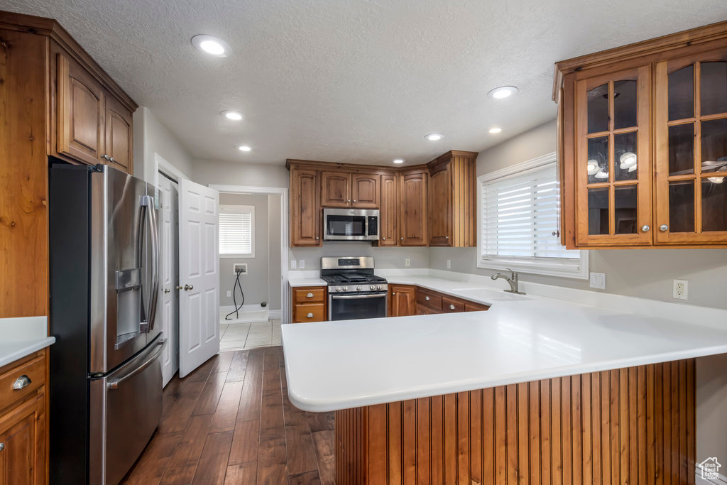 Kitchen with appliances with stainless steel finishes, dark hardwood / wood-style flooring, kitchen peninsula, and a healthy amount of sunlight