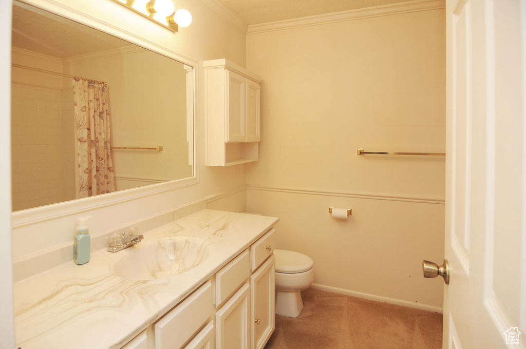 Bathroom with ornamental molding, toilet, and vanity