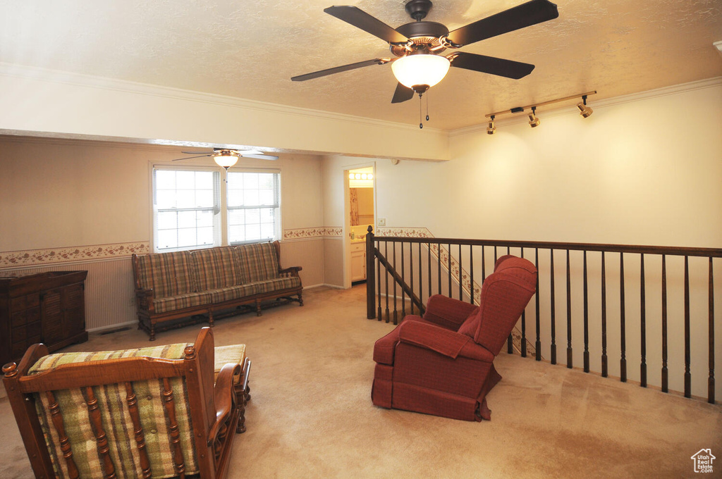 Sitting room with ceiling fan, carpet, a textured ceiling, crown molding, and rail lighting