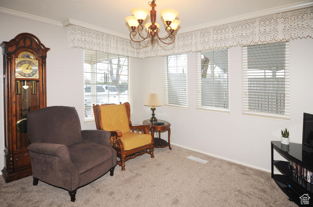 Sitting room featuring plenty of natural light, carpet floors, and crown molding