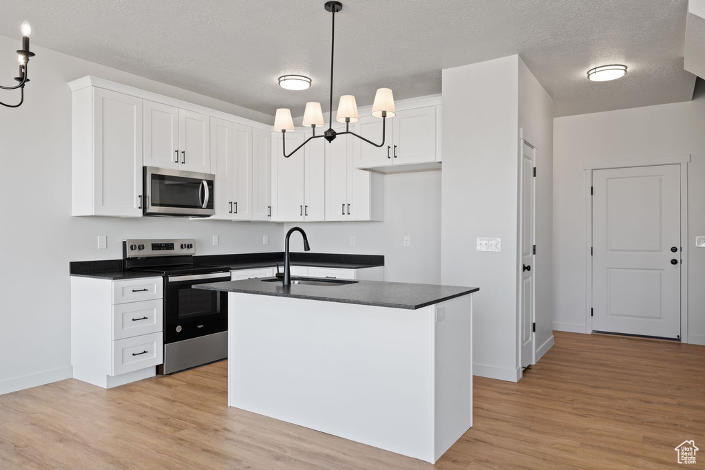 Kitchen with white cabinetry, stainless steel appliances, light wood-type flooring, a kitchen island with sink, and sink