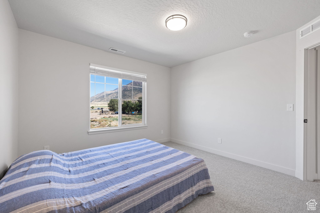 Bedroom with a textured ceiling and carpet flooring