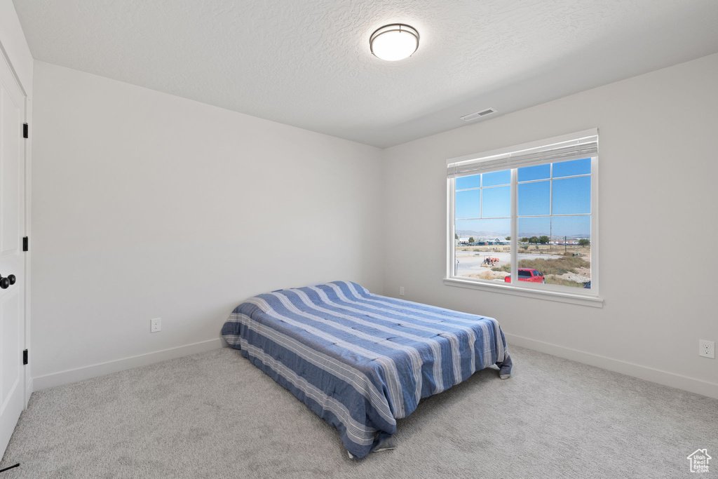 Bedroom with light carpet and a textured ceiling