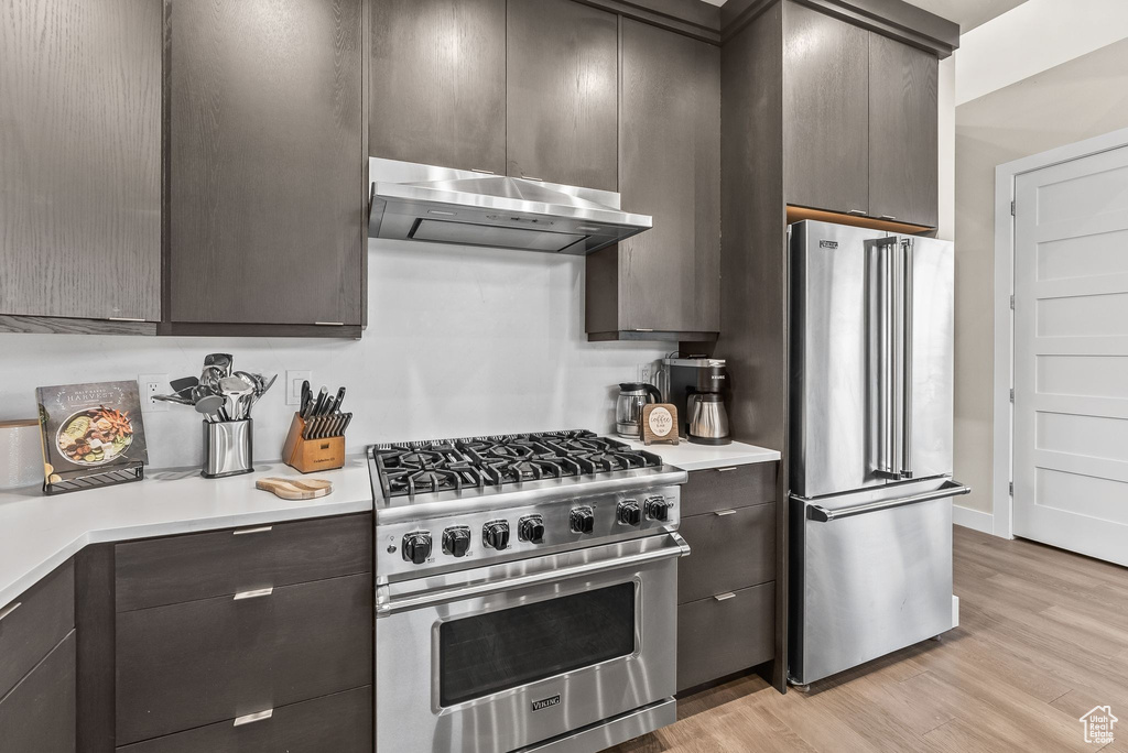 Kitchen featuring appliances with stainless steel finishes, dark brown cabinetry, and light wood-type flooring