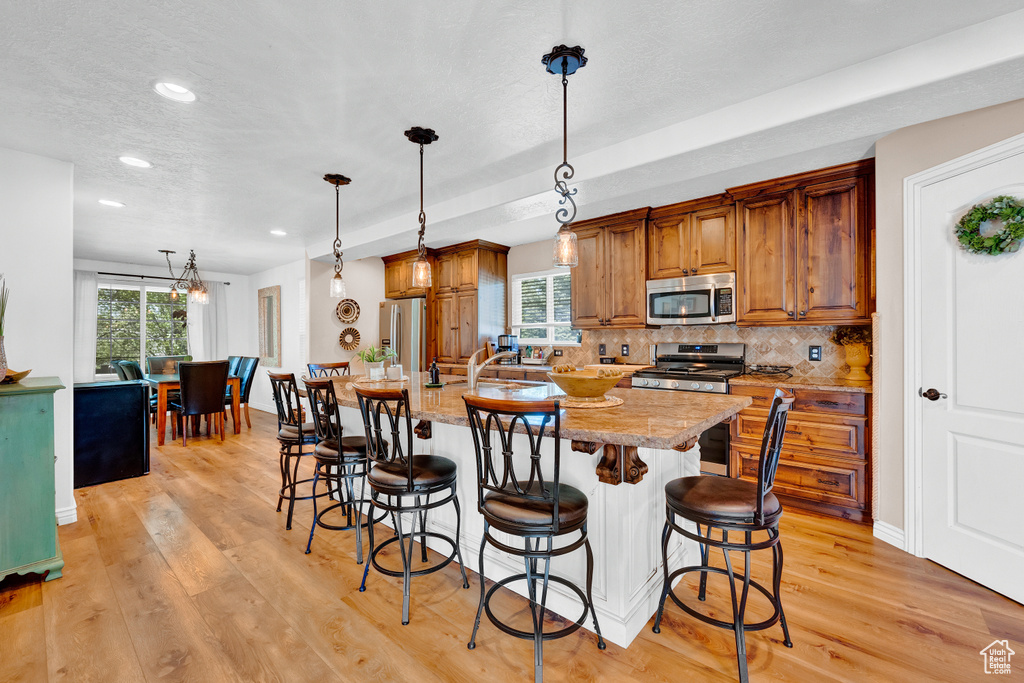 Kitchen featuring light hardwood / wood-style floors, pendant lighting, stainless steel appliances, and plenty of natural light
