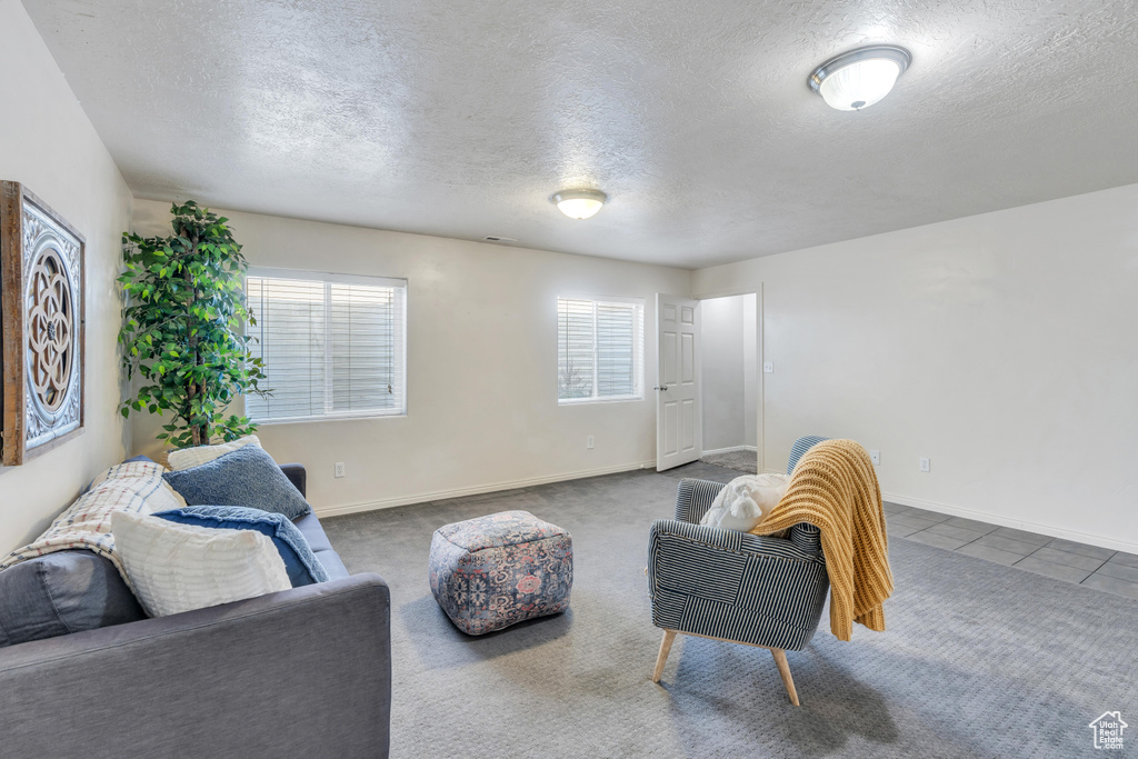 Living room with dark tile flooring and a textured ceiling