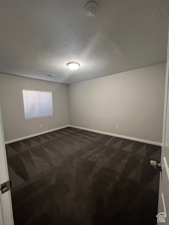 Unfurnished room with dark colored carpet and a textured ceiling