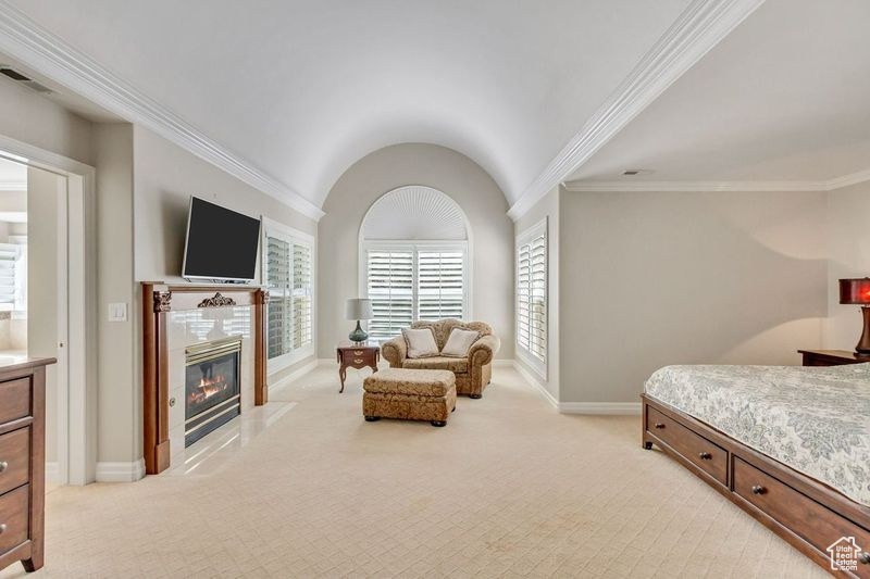 Bedroom with ornamental molding, light carpet, and a premium fireplace