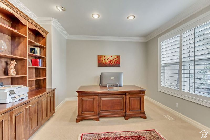 Carpeted office with crown molding