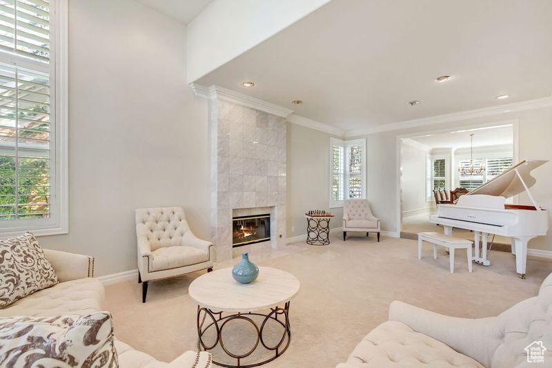 Carpeted living room with a healthy amount of sunlight, a tile fireplace, and crown molding