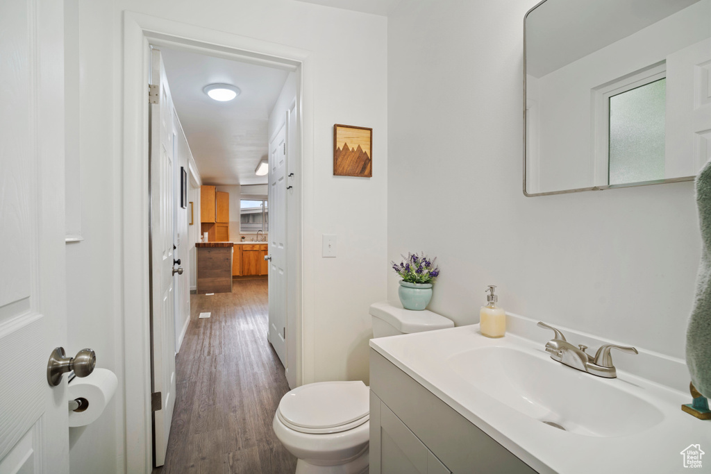 Bathroom featuring toilet, hardwood / wood-style floors, and large vanity