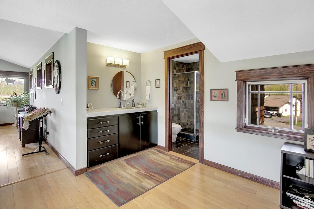 Bathroom featuring a healthy amount of sunlight, lofted ceiling, vanity, and toilet