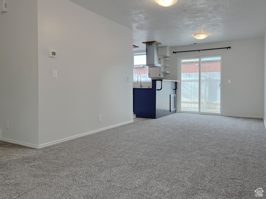 Unfurnished living room with carpet and sink