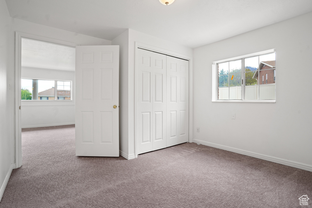 Unfurnished bedroom with a closet, carpet flooring, and multiple windows