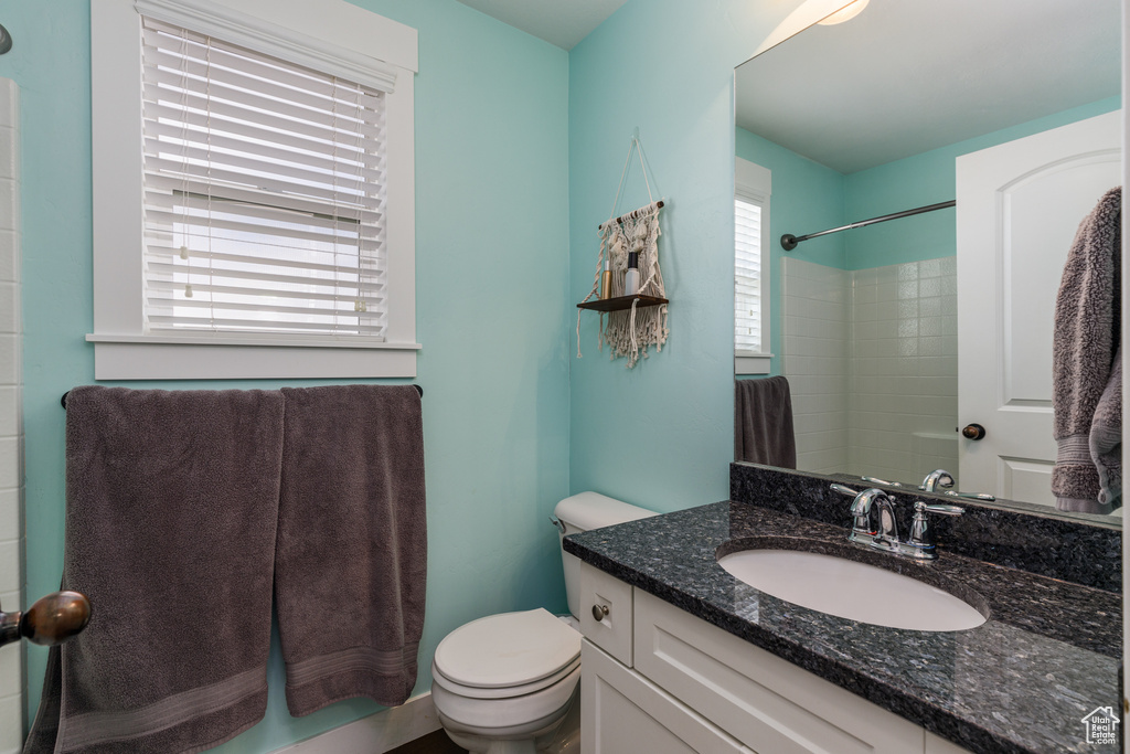 Bathroom with a healthy amount of sunlight, toilet, and vanity with extensive cabinet space
