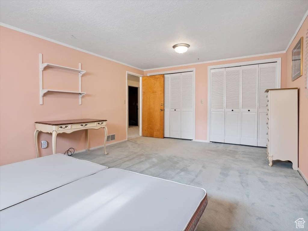 Unfurnished bedroom featuring crown molding, multiple closets, carpet floors, and a textured ceiling