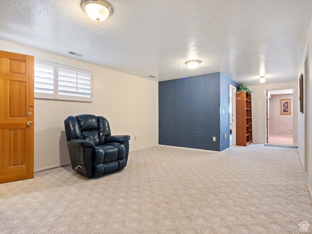 Living area with carpet flooring and a textured ceiling