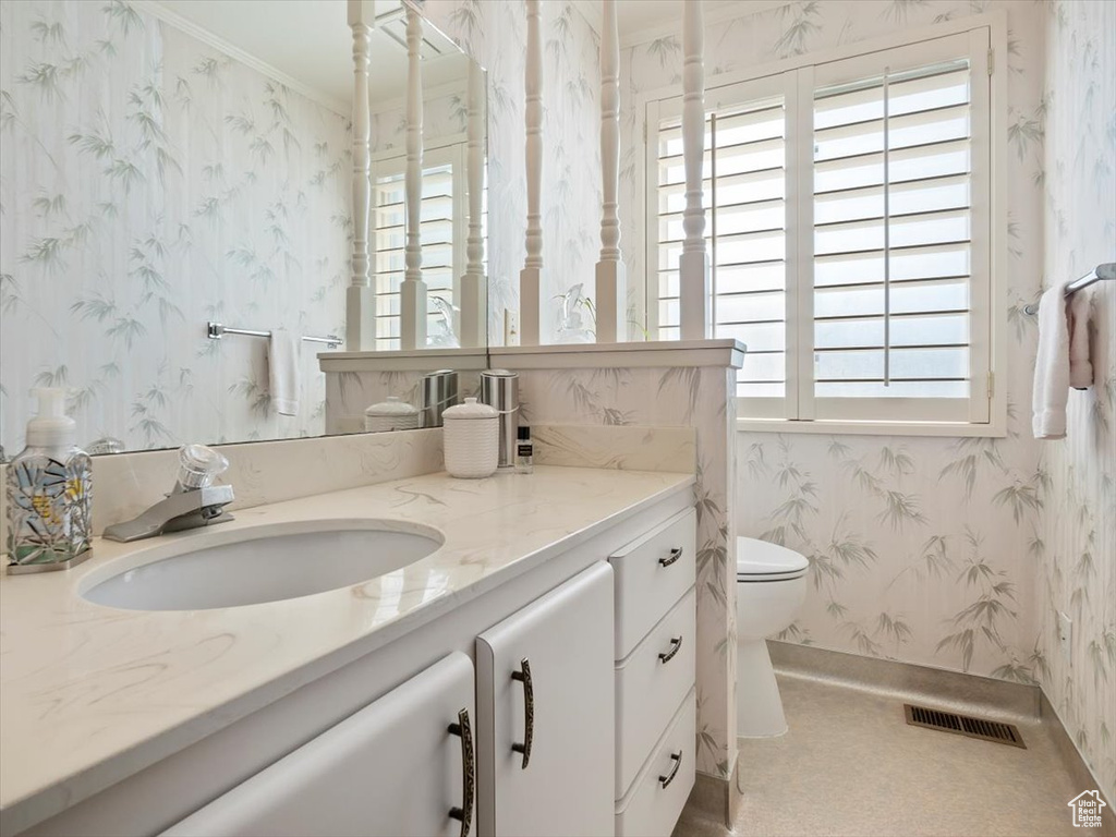 Bathroom with a healthy amount of sunlight, vanity, crown molding, and toilet