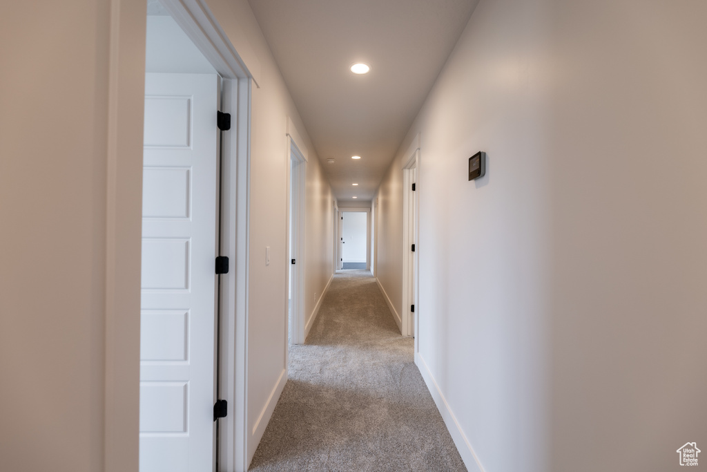 Hallway featuring carpet floors