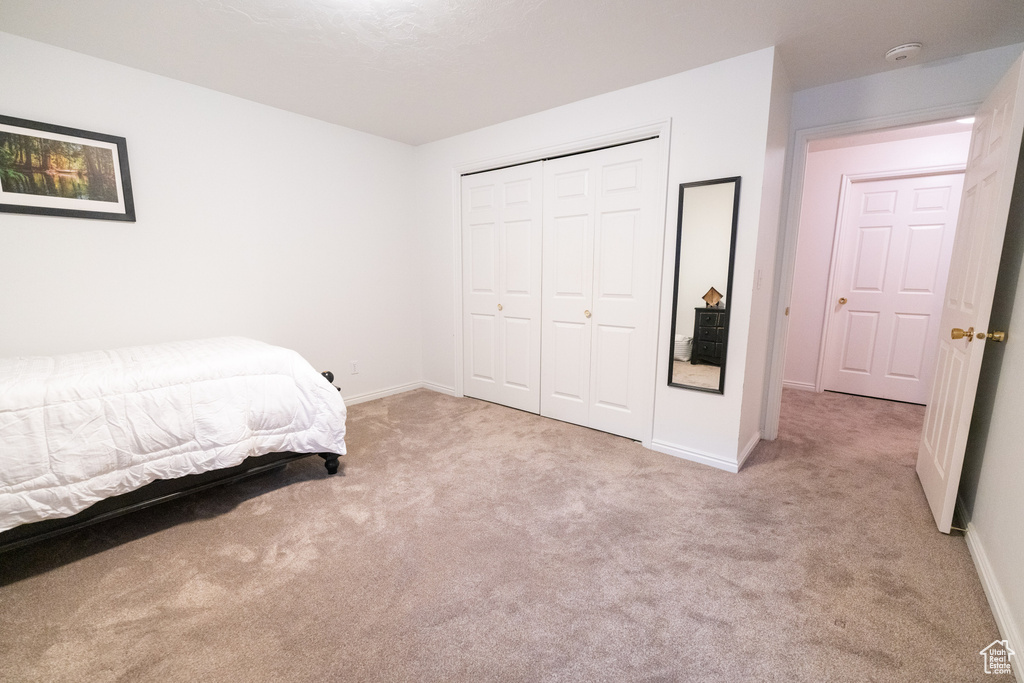 Bedroom with a closet and carpet floors