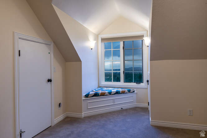 Bonus room featuring vaulted ceiling and dark colored carpet
