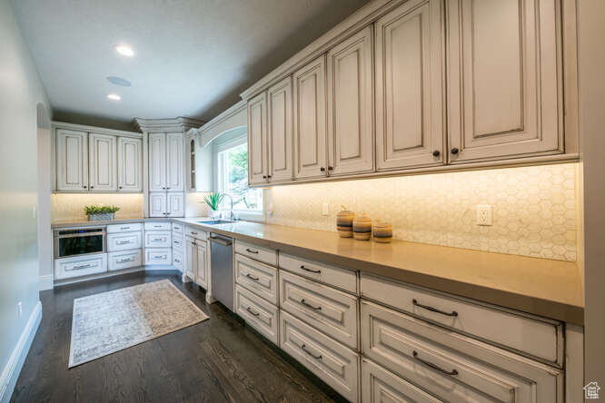 Kitchen featuring tasteful backsplash, stainless steel appliances, dark wood-type flooring, and sink