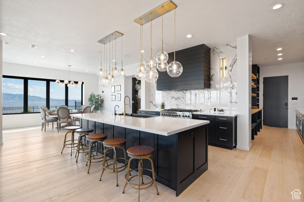 Kitchen featuring a mountain view, custom exhaust hood, sink, light wood-type flooring, and a large island